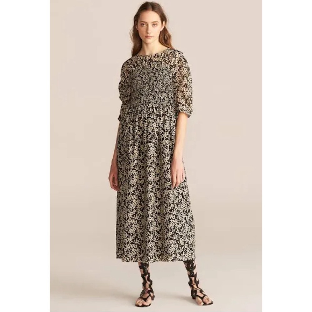 Rebecca Taylor Osaka Silk-Blend Ruched Smocked Midi Dress In Buttercream Combo